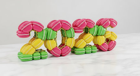 Colorful macarons forming 2026 on marble surface. Sweet new year concept. Playful dessert art display. Creative food design, vibrant colors. Delicious celebration visual. Macaron arrangement for year transition. Dessert numbers, tasty presentation.の素材
