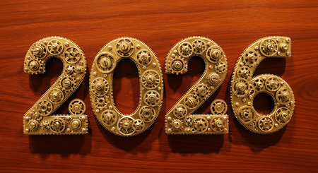 Steampunk style 2026 numbers made of intricate gears and cogs on rustic wooden surface. Representing mechanical engineering and vintage design, this visual signifies 2026 year. Intricate clockwork detail.の素材