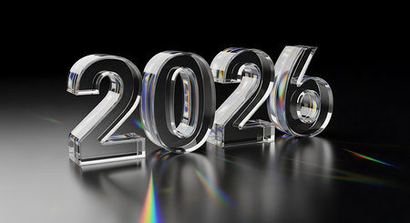 Glass numbers 2026 with stunning light refractions. This sophisticated image highlights clarity, reflection, and modern aesthetics. The transparent numbers create beautiful rainbow-like effects on a glossy dark surface. It represents a clear vision for the future or an upcoming date.の素材