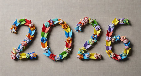 2026 formed by colorful origami animals and shapes, handcrafted paper art design, intricate paper folding, textured gray fabric background, soft shadows, creative year concept, playful and artistic numbers, new year celebration, unique craftの素材
