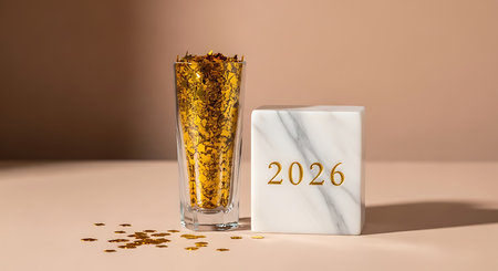 Minimalist composition with 2026 text elegantly displayed on white marble cube positioned next to tall glass filled with shimmering gold confetti. Soft beige background enhances sophisticated and celebratory atmosphere perfect for new year greetings or annual events.の素材