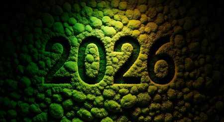 Year 2026 sculpted from lush green and yellow moss. Organic and environmentally themed design. Dramatic lighting highlights textured surface. Natural numbers for new year. Mossy texture forming digits. Eco-friendly concept for 2026.の素材
