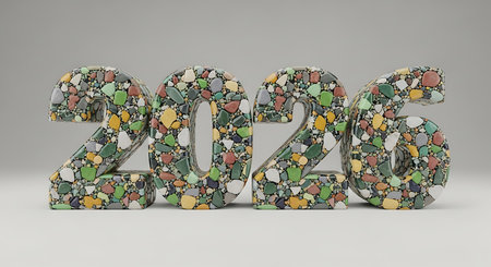 Visually appealing 2026 year numbers are rendered with a detailed terrazzo texture, showcasing a rich mosaic of small, polished stones and fragments in various colors. This design provides a unique, rustic yet refined aesthetic on a clean, light background.の素材