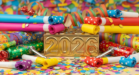 Golden 2026 numbers surrounded by celebration items. Confetti streamers noisemakers create festive atmosphere. Bright colors for joyful occasion. New year event decoration. Holiday fun celebratory mood.の素材