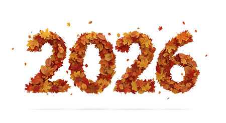 The year 2026 is creatively formed by numerous autumn leaves in rich reds oranges and yellows. Leaves appear to be falling and scattered. White background isolates the design emphasizing seasonal change and natural beauty.の素材