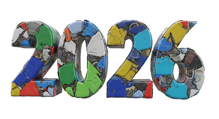 Three dimensional numbers 2026 made from recycled plastic. Multicolored fragments form each digit. White background highlights eco-friendly theme. Sustainability concept for the new year. Environmental awareness. Upcycled materials. Diverse plastic pieces. Textured surface. Bright colors. Clean white backdrop. Zero waste. Green initiative. Reduce reuse recycle. Future focus. Eco-conscious design. Global warming. Pollution solution. Resourceful art. Plastic waste transformed. Artistic representation.の素材