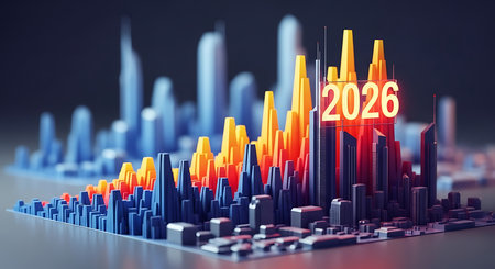 Abstract city skyline with various height buildings symbolizing growth and development prominent building featuring 2026 sign a representation of future urban planning economic forecast and yearly projectionsの素材