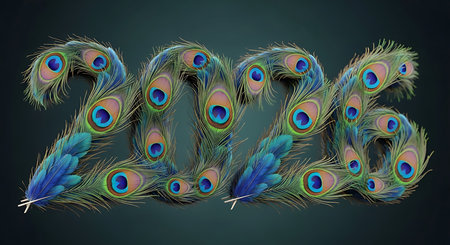 Intricate design featuring text '2026' artfully constructed from vibrant peacock feathers, each displaying a prominent eye pattern. This unique arrangement is set against a sophisticated dark teal background, highlighting natural beauty and elegance of feathers. Visually captivating.の素材