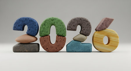 Stylized three dimensional numbers forming year 2026, crafted from colorful stacked stones and textured rock fragments. Each number is composed of uniquely shaped and colored stone pieces, creating a sculptural, balanced appearance. This image evokes themes of stability, natural elements, and sustainable design for upcoming year.の素材