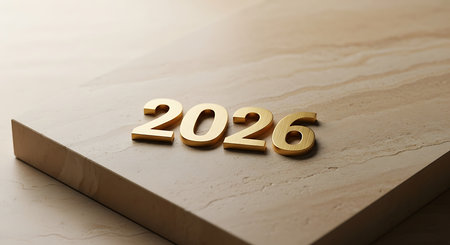 Bold golden numbers spelling out 2026 are presented on a light beige textured stone surface. elegant presentation features subtle shadows and natural lighting, conveying a sense of stability and importance for future date or milestone.の素材