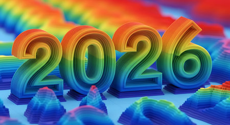 Dynamic 2026 text with layered rainbow colors. Wavy abstract background. Bright spectrum gradient colors. Modern graphic design digital art. Technological aesthetic vibrant hues. Visual representation of year.の素材