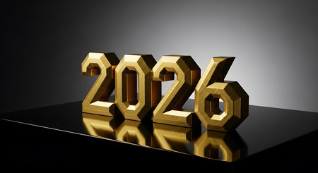 Bold and opulent metallic golden three dimensional numbers spell out the year 2026, resting on a glossy black reflective surface. A dramatic spotlight from above illuminates numbers, creating strong highlights and shadows. Elegant and luxurious depiction of upcoming year, suitable for financial, celebratory, or future-oriented themes.の素材