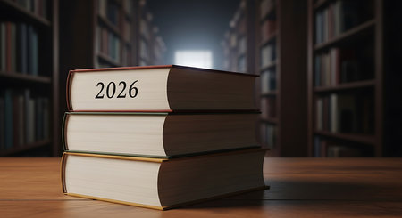 Books stacked on a wooden desk. Top book displays year 2026. Library environment with towering bookshelves. Represents education, wisdom, and new chapters. Focus on learning and future studies.の素材