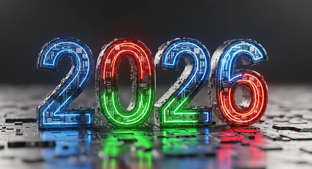 2026 numbers glowing in neon red, green, and blue. Rendered on a dark, futuristic circuit board with intricate details. This imagery showcases advanced technology, digital innovation, and a vision of the future. High-tech and modern.の素材