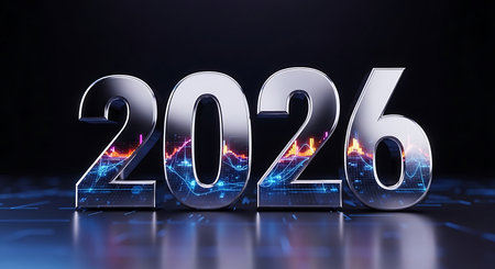 Chrome 2026 numbers reflecting vibrant digital data charts on dark blue technological background symbolizing finance business growth new year economic forecast data analysis.の素材