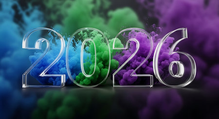 2026 numbers crafted from clear, transparent glass, appearing to materialize from swirling plumes of blue, green, and purple smoke, smoke creating an ethereal and atmospheric effect, set against dark background, 3d renderの素材