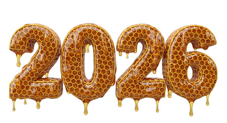 Sweet 2026 with dripping honey texture. Golden honeycomb numbers stand out. Isolated on clean white background. Symbolizing abundance richness. Natural organic sweetness. Visual delight new year.の素材