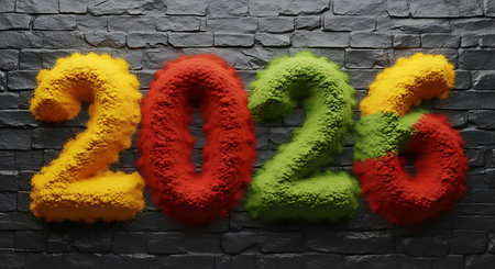 Creative 2026 typography features numbers made of vibrant, fluffy powder in yellow, red, and green against dark brick wall. Unique 3D rendering presents playful and textured design, offering colorful graphic representation for upcoming year.の素材