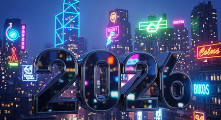 2026 in bold metallic numbers against a futuristic city skyline. Neon lights illuminate buildings at night. Upcoming year symbolizes innovation. Modern urban landscape with glowing signs. Dark glossy digits for new year. Contemporary city scene.の素材
