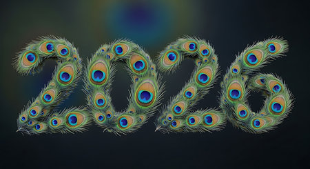2026 numerals are intricately shaped with detailed peacock feathers featuring striking eyespots. unique design creates a visually rich and symbolic representation of new year or significant date, standing out against a dark, softly blurred background.の素材
