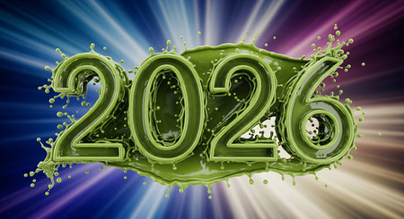 Dynamic new year 2026 concept features bold green numbers seemingly emerging from an energetic liquid splash. Background composed of vibrant blue and purple light burst creating striking and memorable visual impact, symbolizing fresh beginnings and excitement.の素材