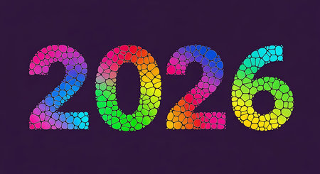 Numbers forming 2026 are rendered in a vibrant rainbow palette, constructed from irregular mosaic-like shapes. striking design creates a playful and colorful representation of new year or future date, set against a rich deep purple backdrop.の素材