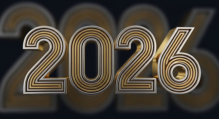 Stylish 2026 numbers crafted from gold and silver metals featuring intricate art deco patterns set against a dark elegant background conveying luxury sophistication and timeless designの素材