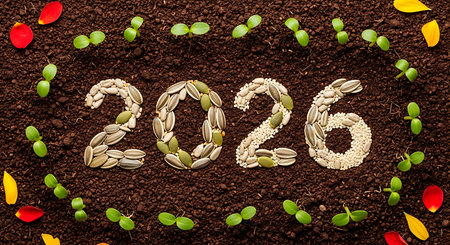 2026 made from natural seeds and grains. Fresh sprouts and bright petals encircle design. Natural elements on rich earth background. Growth new beginnings nature concept. Agricultural theme organic farming.の素材