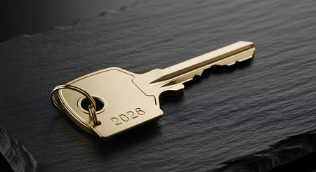 Elegant gold key has the year 2026 clearly etched onto its bow. It lies on a dark, rough-textured slate background, creating a stark contrast. This key represents new beginnings, success, or future access.の素材
