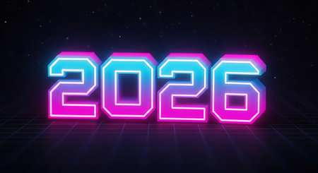 Dynamic digital rendering of year 2026 featuring bold numbers in glowing blue and pink neon effect set against a dark starry background and grid pattern creating futuristic display for new year concepts technology themes and celebrations upcoming annual eventsの素材