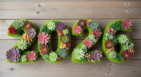 2026 numbers formed by green moss and diverse succulents, each number adorned with variety of succulent plants in shades of green, red, pink, purple, and pale green, arranged on rustic wooden plank surface, flat lay compositionの素材