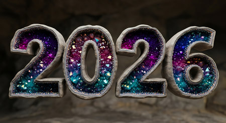 Visually striking 3D render displays numbers '2026' resembling geodes, intricately filled with shimmering blue, purple, and pink crystals. The rough, rocky background enhances contrast, highlighting natural beauty and geological patterns. Design is luxurious and detailed.の素材
