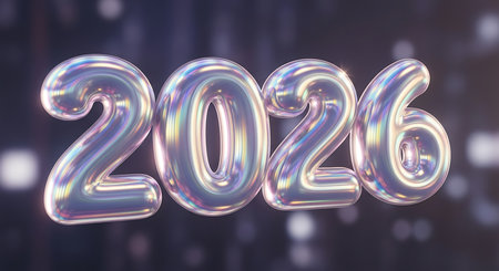 2026 new year balloon type font. Glossy silver numbers with iridescent reflections. Shiny metallic typography for celebration design. Blurry urban background provides a bokeh effect.の素材