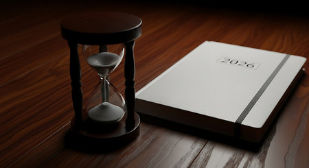 Hourglass on wooden surface. Sand flowing down a symbol of passing time. Next to it a planner or notebook with 2026 printed on cover. Concept of future planning deadlines and time management. Dark and moody lighting creating a contemplative atmosphere.の素材