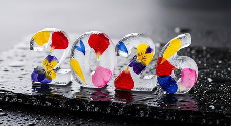 Vibrant 2026 numbers, intricately crafted from ice, are adorned with colorful pressed flowers. Each number reflects and refracts light, creating a stunning visual display. They sit on a wet dark surface, covered in glistening water droplets, evoking a sense of freshness and new beginnings.の素材