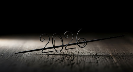 Minimalist wire sculpture forming number 2026 is delicately placed on dark, textured wooden surface, with a sharp, pointed object passing through it. This composition evokes contemplation on passage of time, subtle changes, and understated elegance. Focus is on simplicity.の素材