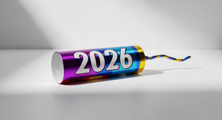 Brightly colored firecracker features 2026 in bold white text. Festive explosive device with a striped fuse is placed on a clean white background, casting a subtle shadow. Celebratory item for new year or special event.の素材