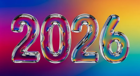 Colorful bubble letters form year 2026. Vibrant rainbow gradient background. New year joy and optimism. Glossy iridescent numbers for upcoming year. Playful liquid text for 2026. Bright cheerful design.の素材