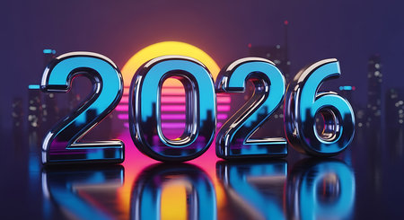 2026 numbers in sleek blue metallic. Reflective surface under a bright urban sunset. Futuristic cityscape silhouette. Represents a new era and forward-looking concepts. Modern digital aesthetic.の素材