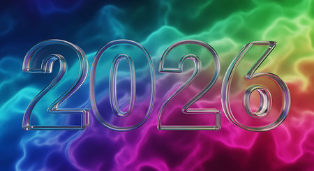 Shimmering glass 2026 numbers, rendered in 3D, stand prominently against a swirling backdrop. The background features vibrant neon smoke and colorful abstract patterns, creating a dynamic and ethereal atmosphere. This design embodies modernity and futuristic aesthetic.の素材