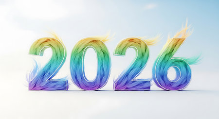 2026 numbers with colorful feather textures; vibrant rainbow gradient numbers; lively new year concept; soft bright sky background; playful festive typography; energetic colorful design; fluffy feathery effect on numbers; creative artistic representation of year.の素材