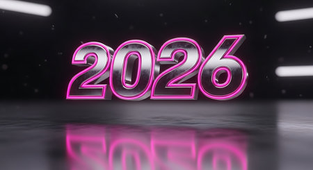 The year 2026 is displayed in sleek metallic silver numbers with a vibrant pink neon glow, casting reflections on a dark, futuristic floor. This dynamic 3D render creates an exciting atmosphere, ideal for modern event promotions.の素材