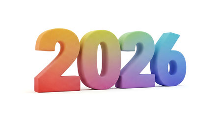 Three-dimensional numbers 2026 are rendered in a vibrant rainbow gradient. Each digit transitions through different hues. Set against a clean white background evoking a cheerful and optimistic mood for the upcoming year.の素材