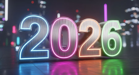 2026 numbers in neon glow. Metallic text with vibrant blue, pink, and orange lights. Futuristic cityscape at night. Represents future technology and urban life. Modern aesthetic for new year design.の素材