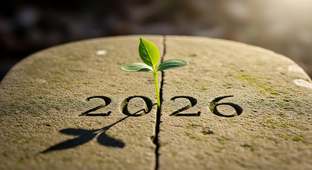 Green sprout emerges from cracked stone. Year 2026 engraved into rock. Symbolizes growth, new life, and resilience. Focus on environmental sustainability and future progress. Natural setting.の素材