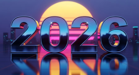 Metallic chrome 2026 numbers; glowing blue and pink reflections; reflective surface; stylized sunset background; futuristic cityscape; vibrant synthwave aesthetic; sleek modern typography; retro wave inspired year design; glowing neon urban backdrop.の素材