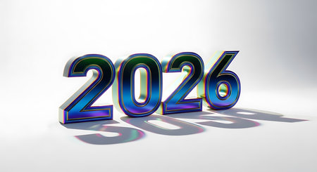 Glossy blue and green 2026 numbers with vibrant reflections on clean white background sleek modern new year design annual report cover calendar.の素材
