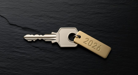 Silver metal key with a golden 2026 keychain. Dark slate background provides stark contrast. Key represents access and solutions. Keychain indicates a significant year or event. Simple elegant design for future concepts. Security and success. New opportunities. Important date. Ownership symbol. Conceptual image. Black background. Gold and silver elements. Shiny metal. Clean design. Minimalist style. Textured surface. Financial planning. New beginnings. Key to future. Access control.の素材