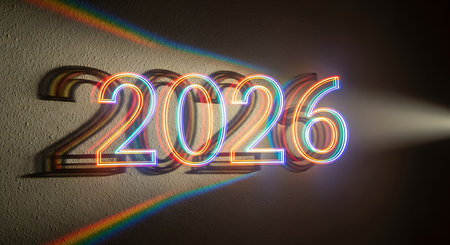 Brightly illuminated outline of number 2026 creates beautiful rainbow shadow on rough wall. This image represents concept of new year, future, and celebration, with light creating an artistic and hopeful display. Design is modern and visually striking.の素材