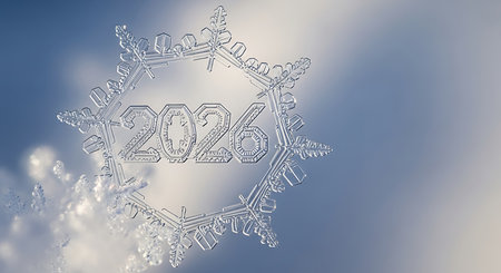The year 2026 is intricately carved into a clear snowflake, showcasing a detailed crystal structure against an icy winter background. This 3D render captures the delicate beauty of ice with cool tones, ideal for winter season graphics.の素材